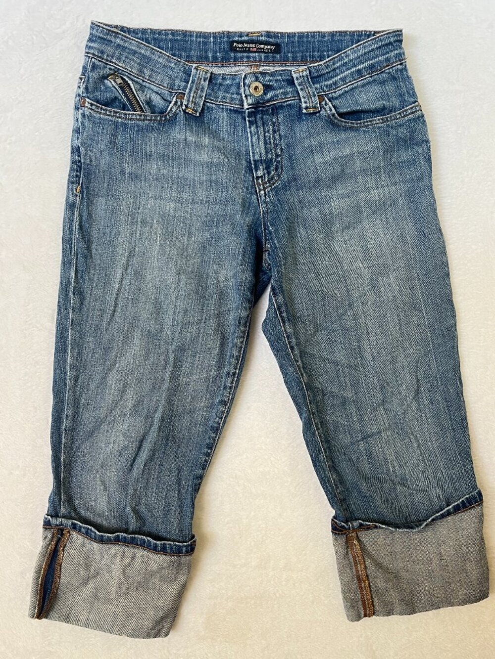 Y2K Polo Jeans Company Denim Low Rise Zipper Pockets Cuffed Capris sz 28 2000s